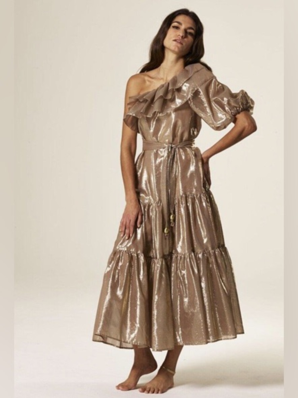 Lisa Marie Fernandez Arden Ruffle Maxi Dress in Gold Metalic Size 1